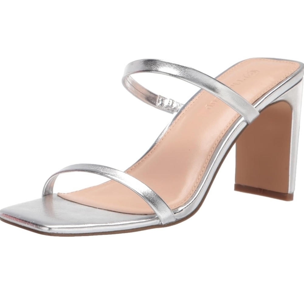 New! Silver heels open square toe 2 strap block heel sandals slip on size 7.5